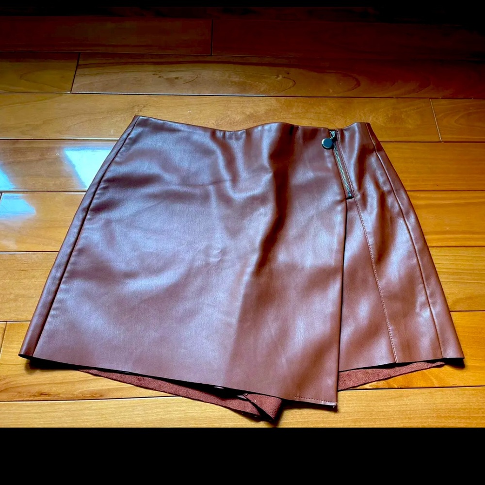 Women's Faux Leather Wrap Skort in Brown
